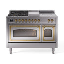 Stainless steel dual fuel range with brass trim, two ovens, and five sealed burners