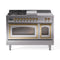 ILVE Nostalgie II Noblesse 48-Inch 5.02 Cu. Ft. Dual Oven Natural Gas Dual Fuel Range with 5 Burners, Griddle, French Top and Triple Glass Door in Stainless Steel with Brass Trim (UN48FSNMPSSG)