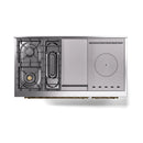 Stainless steel dual fuel range base view with built-in gas components and round marking