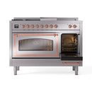 Stainless steel dual-fuel range with one oven door open, copper-trim trim, and knobs panel