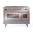 Stainless steel dual-fuel range with copper-trim knobs, large oven window, and smaller door
