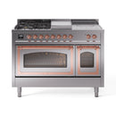 Stainless steel dual-fuel range with copper-trim accents, oven windows, and front control panel