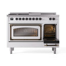 White dual fuel range with left and right ovens open, bronze door rails, black knobs