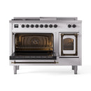 White dual fuel range with open left oven cavity and right door open, bronze rails