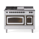 White dual fuel range with bronze trim, black knobs, two oven doors, sealed burners