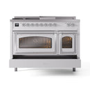 White dual fuel range with illuminated oven cavity through triple glass doors