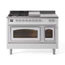 White dual fuel range with chrome knobs and two ovens, shown front view with burners