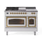 ILVE Nostalgie II Noblesse 48-Inch 5.02 Cu. Ft. Dual Oven Propane Gas Dual Fuel Range with 5 Burners, Griddle, French Top and Triple Glass Door in White with Brass Trim (UN48FSNMPWHGLP)