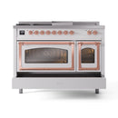 ILVE white dual-fuel range front view with copper-trim oven windows and control knobs