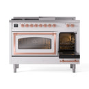 ILVE white dual-fuel range with left oven open and right oven door closed