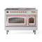 ILVE Nostalgie II Noblesse 48-Inch 5.02 Cu. Ft. Dual Oven Natural Gas Dual Fuel Range with 5 Burners, Griddle, French Top and Triple Glass Door in White with Copper Trim (UN48FSNMPWHP)