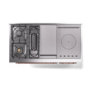 White dual-fuel gas range with left cooktop burners and control area visible