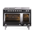 ILVE Professional Plus II 48-Inch 3.5 + 1.52 Cu. Ft. Dual Fuel Range with 5 Burners, Griddle, French Top and Solid Door Oven in Glossy Black (UP48FSQMPBK)