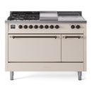 ILVE Nostalgie II 48 inch Propane Gas Range with 8 Sealed Burners, Griddle with Triple Glass Door in Antique White with Burnished Trim