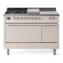 ILVE Nostalgie II 48-Inch  Propane Gas Dual Fuel Range  with 5 Burners, Griddle, & French Top, with Solid Door Oven in Antique White with Chrome Trim (UP48FSQNMPAWC)