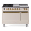 ILVE Nostalgie II 48 inch Propane Gas Range with 8 Sealed Burners, Griddle with Triple Glass Door in Antique White with Brass Trim