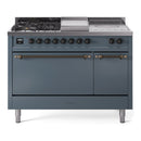 ILVE Nostalgie II 48 inch Propane Gas Range with 8 Sealed Burners, Griddle with Triple Glass Door in Blue Grey with Burnished Trim