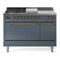 ILVE Nostalgie II 48 inch Propane Gas Range with 8 Sealed Burners, Griddle with Triple Glass Door in Blue Grey with Brass Trim