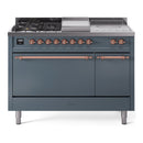 ILVE Nostalgie II 48 inch Propane Gas Range with 8 Sealed Burners, Griddle with Triple Glass Door in Blue Grey with Copper Trim