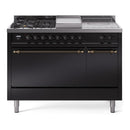 ILVE Nostalgie II 48-Inch  Propane Gas Dual Fuel Range  with 5 Burners, Griddle, & French Top, with Solid Door Oven in Glossy Black with Bronze Trim (UP48FSQNMPBKB)