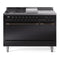 ILVE Nostalgie II 48-Inch  Propane Gas Dual Fuel Range  with 5 Burners, Griddle, & French Top, with Solid Door Oven in Glossy Black with Bronze Trim (UP48FSQNMPBKB)