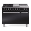 ILVE Nostalgie II 48-Inch Dual Fuel Range with 5 Burners, Griddle, & French Top, with Solid Door Oven in Glossy Black with Chrome Trim (UP48FSQNMPBKC)