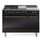 ILVE Nostalgie II 48-Inch Dual Fuel Range with 5 Burners, Griddle, & French Top, with Solid Door Oven in Glossy Black with Brass Trim (UP48FSQNMPBKG)