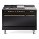 ILVE Nostalgie II 48-Inch  Propane Gas Dual Fuel Range  with 5 Burners, Griddle, & French Top, with Solid Door Oven in Glossy Black with Brass Trim (UP48FSQNMPBKG)