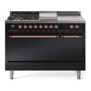 ILVE Nostalgie II 48-Inch Dual Fuel Range with 5 Burners, Griddle, & French Top, with Solid Door Oven in Glossy Black with Copper Trim (UP48FSQNMPBKP)