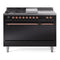ILVE Nostalgie II 48-Inch  Propane Gas Dual Fuel Range  with 5 Burners, Griddle, & French Top, with Solid Door Oven in Glossy Black with Copper Trim (UP48FSQNMPBKP)
