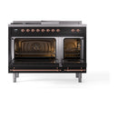 ILVE Nostalgie II 48-Inch  Propane Gas Dual Fuel Range  with 5 Burners, Griddle, & French Top, with Solid Door Oven in Glossy Black with Copper Trim (UP48FSQNMPBKP)