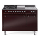 ILVE Nostalgie II 48 inch Propane Gas Range with 8 Sealed Burners, Griddle with Triple Glass Door in Burgundy with Chrome Trim