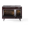 ILVE Nostalgie II 48 inch Propane Gas Range with 8 Sealed Burners, Griddle with Triple Glass Door in Burgundy with Chrome Trim