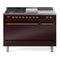 ILVE Nostalgie II 48-Inch Dual Fuel Range with 5 Burners, Griddle, & French Top, with Solid Door Oven in Burgundy with Brass Trim (UP48FSQNMPBUG)