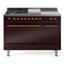 ILVE Nostalgie II 48 inch Propane Gas Range with 8 Sealed Burners, Griddle with Triple Glass Door in Burgundy with Brass Trim