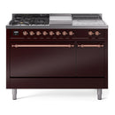 ILVE Nostalgie II 48-Inch Dual Fuel Range with 5 Burners, Griddle, & French Top, with Solid Door Oven in Burgundy with Copper Trim (UP48FSQNMPBUP)