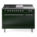 ILVE Nostalgie II 48-Inch  Propane Gas Dual Fuel Range  with 5 Burners, Griddle, & French Top, with Solid Door Oven in Emerald Green with Chrome Trim (UP48FSQNMPEGC)