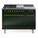 ILVE Nostalgie II 48 inch Propane Gas Range with 8 Sealed Burners, Griddle with Triple Glass Door in Emerald Green with Brass Trim