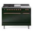 ILVE Nostalgie II 48-Inch  Propane Gas Dual Fuel Range  with 5 Burners, Griddle, & French Top, with Solid Door Oven in Emerald Green with Bronze Trim (UP48FSQNMPEGB)