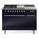 ILVE Nostalgie II 48-Inch  Propane Gas Dual Fuel Range  with 5 Burners, Griddle, & French Top, with Solid Door Oven in Midnight Blue with Chrome Trim (UP48FSQNMPMBC)