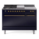 ILVE Nostalgie II 48-Inch Dual Fuel Range with 5 Burners, Griddle, & French Top, with Solid Door Oven in Midnight Blue with Brass Trim (UP48FSQNMPMBG)