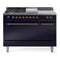 ILVE Nostalgie II 48-Inch Dual Fuel Range with 5 Burners, Griddle, & French Top, with Solid Door Oven in Midnight Blue with Brass Trim (UP48FSQNMPMBG)