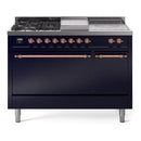 ILVE Nostalgie II 48 inch Propane Gas Range with 8 Sealed Burners, Griddle with Triple Glass Door in Midnight Blue with Burnished Trim