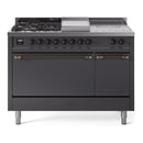 ILVE Nostalgie II 48-Inch Dual Fuel Range with 5 Burners, Griddle, & French Top, with Solid Door Oven in Matte Graphite with Bronze Trim (UP48FSQNMPMGB)