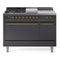 ILVE Nostalgie II 48-Inch  Propane Gas Dual Fuel Range  with 5 Burners, Griddle, & French Top, with Solid Door Oven in Matte Graphite with Brass Trim (UP48FSQNMPMGG)