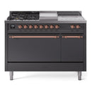 ILVE Nostalgie II 48-Inch Dual Fuel Range with 5 Burners, Griddle, & French Top, with Solid Door Oven in Matte Graphite with Copper Trim (UP48FSQNMPMGP)