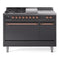 ILVE Nostalgie II 48 inch Propane Gas Range with 8 Sealed Burners, Griddle with Triple Glass Door in Graphite Matte with Copper Trim