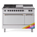 ILVE Nostalgie II 48-Inch  Propane Gas Dual Fuel Range  with 5 Burners, Griddle, & French Top, with Solid Door Oven in Custom RAL with Bronze Trim (UP48FSQNMPRAB)