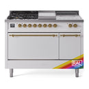 ILVE Nostalgie II 48-Inch  Propane Gas Dual Fuel Range  with 5 Burners, Griddle, & French Top, with Solid Door Oven in RAL with Brass Trim (UP48FSQNMPRAG)