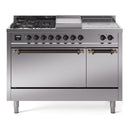 ILVE Nostalgie II 48-Inch  Propane Gas Dual Fuel Range  with 5 Burners, Griddle, & French Top, with Solid Door Oven in Stainless Steel with Bronze Trim (UP48FSQNMPSSB)